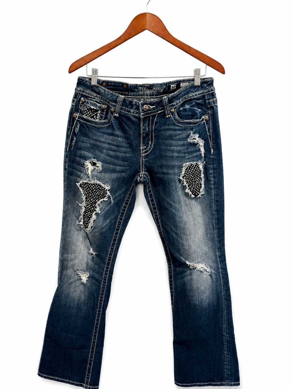 Miss Me Easy Boot Jeans Women's 30x33 Distressed Rhinestone Buckle Medium Wash
